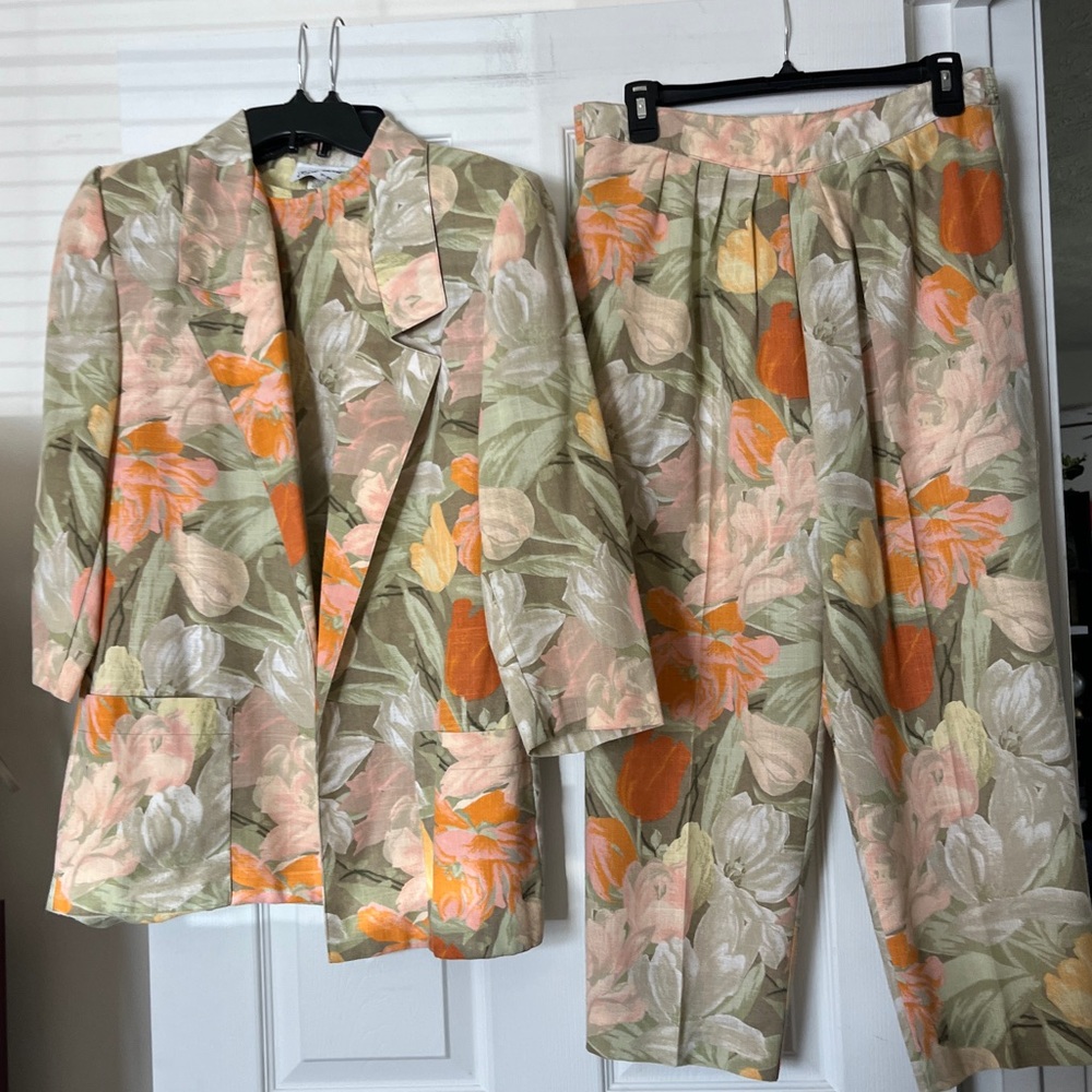 Vintage 90s Floral 3 Piece Set Blazer Top Pants Cottagecore Size 8 (~S/M)